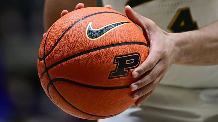 A Purdue logo basketball shot during a free throw attempt.