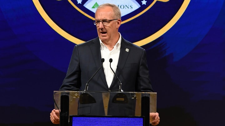Jul 19, 2023; Nashville, TN, USA; SEC Commissioner Greg Sankey speaks at the podium during SEC Media Day at the Grand Hyatt. Mandatory Credit: Christopher Hanewinckel-USA TODAY Sports Jul 19, 2023; Nashville, TN, USA; SEC Commissioner Greg Sankey speaks at the podium during SEC Media Day at the Grand Hyatt. Mandatory Credit: Christopher Hanewinckel-USA TODAY Sports