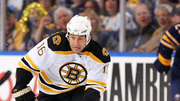 Apr 15, 2010; Buffalo, NY, USA; Boston Bruins left wing Marco Sturm (16) in play against the Buffalo Sabres during game one in the first round of the 2010 Stanley Cup Playoffs at HSBC Arena. Mandatory Credit: Kevin Hoffman-Imagn Images