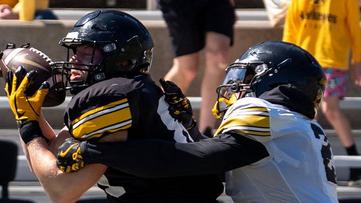 Iowa tight end DJ Vonnahme (81) attepts a catch as defensive back Tyler Brown (2) defends April 25, 2026 during the team’s spring practice at Kinnick Stadium in Iowa City, Iowa. Iowa tight end DJ Vonnahme (81) attepts a catch as defensive back Tyler Brown (2) defends April 25, 2026 during the team’s spring practice at Kinnick Stadium in Iowa City, Iowa.