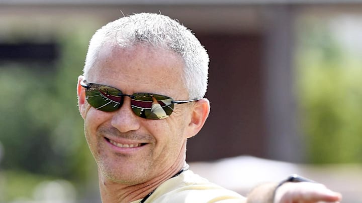 Apr 20, 2024; Tallahassee, Florida, USA; Florida State Seminoles head coach Mike Norvell smiles during the Spring Showcase at Doak S. Campbell Stadium. Mandatory Credit: Melina Myers-Imagn Images