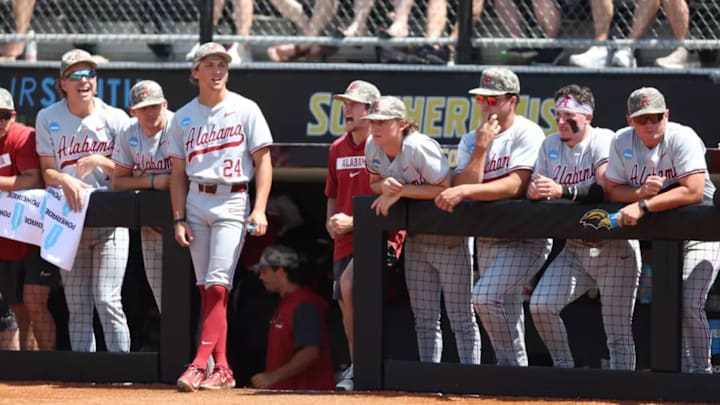 The University of Alabama Baseball Team cheers on the Tide during the NCAA Baseball Regional at Pete Taylor Park in Hattiesburg, MS on Saturday, May 31, 2025.