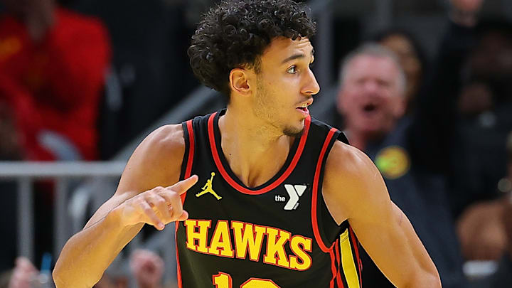 Zaccharie Risacher #10 of the Atlanta Hawks reacts against the Cleveland Cavaliers.