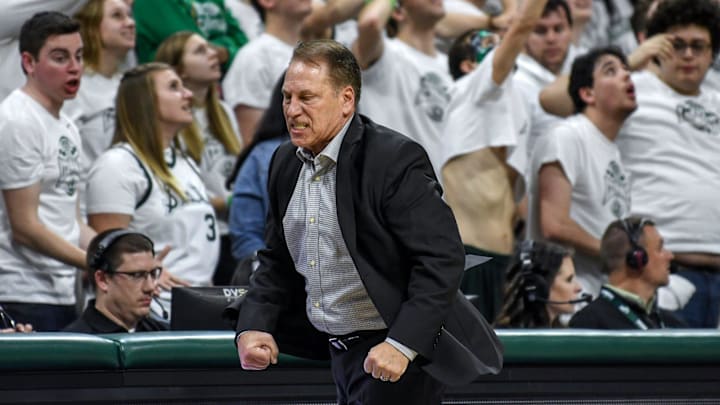 Michigan State's head coach Tom Izzo reacts after being called for a technical foul during the second half on Tuesday, Dec. 3, 2019, at the Breslin Center in East Lansing. The Spartans lost to the Blue Devils 87-85.

191203 Msu Duke 188a