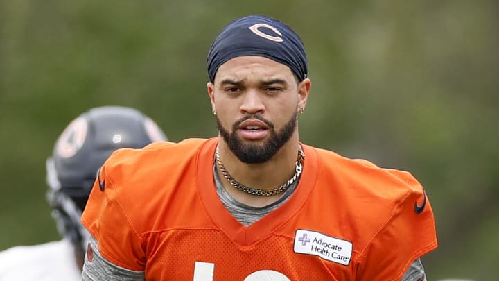 Jun 3, 2025; Lake Forest, IL, USA; Chicago Bears quarterback Caleb Williams (18) looks on during minicamp at Halas Hall. Jun 3, 2025; Lake Forest, IL, USA; Chicago Bears quarterback Caleb Williams (18) looks on during minicamp at Halas Hall.