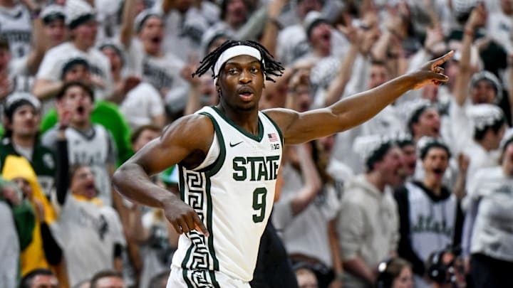 Michigan State's Trey Fort celebrates after making a 3-pointer against Arkansas during the second half on Saturday, Nov. 8, 2025, at the Breslin Center in East Lansing.