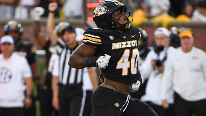 Aug 28, 2025; Columbia, MO, USA; Missouri Tigers linebacker Josiah Trotter (40) celebrates in the backfield after making a tackle for loss against the Central Arkansas Bears. 