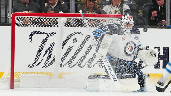Apr 13, 2026; Las Vegas, Nevada, USA; Winnipeg Jets goaltender Connor Hellebuyck (37) makes a save against the Vegas Golden Knights during the first period at T-Mobile Arena. Mandatory Credit: Stephen R. Sylvanie-Imagn Images Apr 13, 2026; Las Vegas, Nevada, USA; Winnipeg Jets goaltender Connor Hellebuyck (37) makes a save against the Vegas Golden Knights during the first period at T-Mobile Arena. Mandatory Credit: Stephen R. Sylvanie-Imagn Images