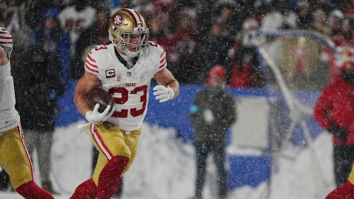 49ers Christian McCaffrey carries the ball for several yards during first half action of their home game against the San Francisco 49ers in Orchard Park on Dec. 1, 2024.