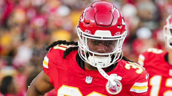 Aug 22, 2024; Kansas City, Missouri, USA; Kansas City Chiefs running back Keaontay Ingram (30) takes the field prior to a game against the Chicago Bears at GEHA Field at Arrowhead Stadium. Mandatory Credit: Jay Biggerstaff-Imagn Images