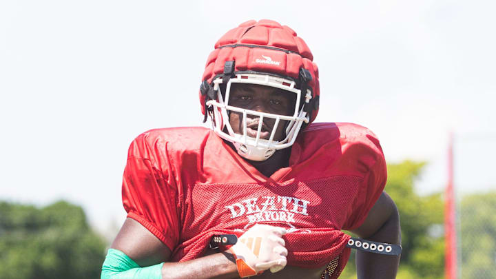 James Johnson, a defensive lineman for the North Fort Myers High School football team practices on Tuesday, Sept. 17, 2024.