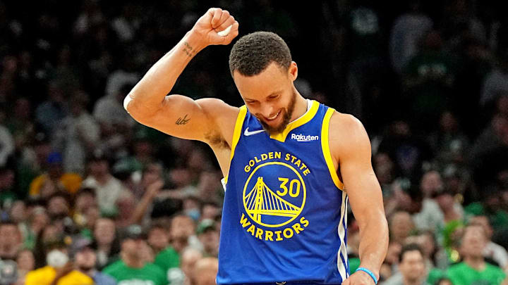 Golden State Warriors guard Stephen Curry (30) reacts during the fourth quarter against the Boston Celtics in game six of the 2022 NBA Finals at TD Garden.