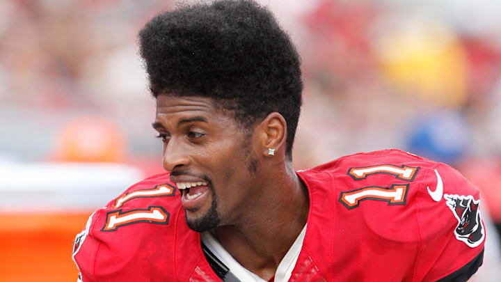 Tampa Bay Buccaneers wide receiver Tiquan Underwood talks with teammates against the Atlanta Falcons. Tampa Bay Buccaneers wide receiver Tiquan Underwood talks with teammates against the Atlanta Falcons.