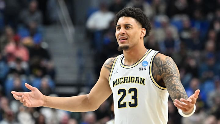 Mar 19, 2026; Buffalo, NY, USA; Michigan Wolverines forward Yaxel Lendeborg (23) reacts against the Howard Bison during the second half of a first round game of the men's 2026 NCAA Tournament at Keybank Center. Mandatory Credit: Mark Konezny-Imagn Images Mar 19, 2026; Buffalo, NY, USA; Michigan Wolverines forward Yaxel Lendeborg (23) reacts against the Howard Bison during the second half of a first round game of the men's 2026 NCAA Tournament at Keybank Center. Mandatory Credit: Mark Konezny-Imagn Images