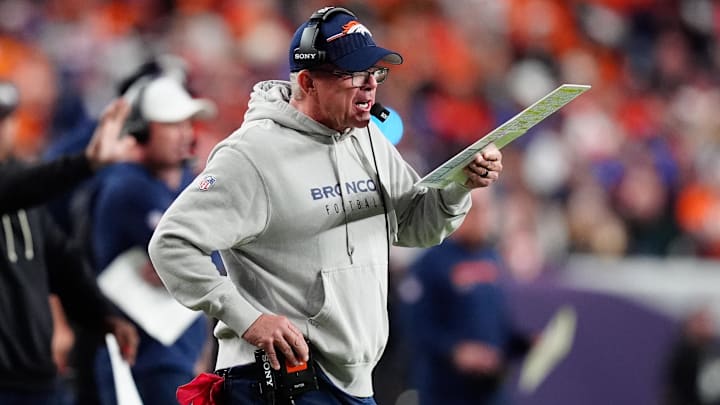 Sep 29, 2025; Denver, Colorado, USA; Denver Broncos head coach Sean Payton calls a play from the sideline during the second quarter against the Cincinnati Bengals at Empower Field at Mile High. 
