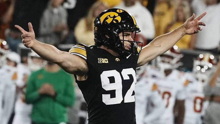 Iowa Hawkeyes kicker Caden Buhr (92) celebrates after kicking the game-winning field goal against Iowa State during the fourth quarter of the Cy-Hawk Series football game at Kinnick Stadium on Sept. 12, 2026, in Iowa City, Iowa. Iowa Hawkeyes kicker Caden Buhr (92) celebrates after kicking the game-winning field goal against Iowa State during the fourth quarter of the Cy-Hawk Series football game at Kinnick Stadium on Sept. 12, 2026, in Iowa City, Iowa.