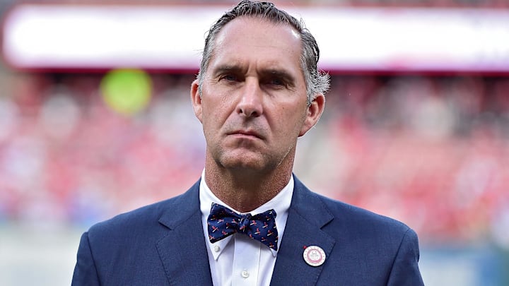 Aug 24, 2019; St. Louis, MO, USA; St. Louis Cardinals president of baseball operations John Mozeliak looks on during a ceremony prior to the start of a game against the Colorado Rockies during an MLB Players' Weekend game at Busch Stadium. Mandatory Credit: Jeff Curry-Imagn Images