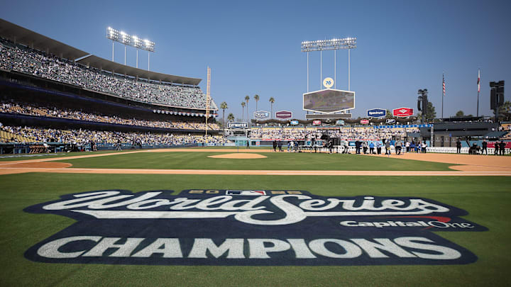 Dodger Stadium's infield shows off a display honoring the 2025 World Series champions in Los Angeles on Monday, Nov. 3, 2025. The Dodgers beat the Toronto Blue Jays in seven games to win their second straight World Series title and third in last six years.