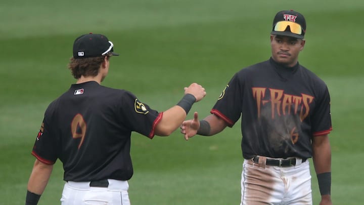 The Wisconsin Timber Rattlers’ Josh Adamczewski (9) and Braylon Payne (6) against the Peoria Chiefs during their baseball game at Neuroscience Group Field at Fox Cities Stadium in Grand Chute, Wis. on Wednesday, April 15, 2026 in Grand Chute, Wis. The Timber Rattlers defeated Peroria 7-4.
Wm. Glasheen USA TODAY NETWORK-Wisconsin