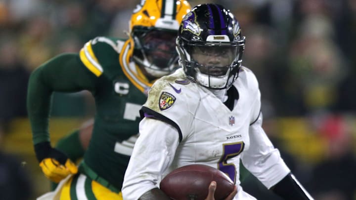 Baltimore Ravens quarterback Tyler Huntley (5) scrammbles against the Green Bay Packers on Saturday, December 27, 2025, at Lambeau Field in Green Bay, Wis. The Ravens defeated the Packers 41-24.
Wm. Glasheen USA TODAY NETWORK-Wisconsin