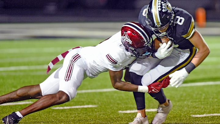 Fort PayneÕs Brannon Oliver tries to evade the tackle of Gadsden CityÕs Zyan Gibson during high school football action in Fort Payne, Alabama October 11, 2024. (Dave Hyatt / Special to the Gadsden Times) Fort PayneÕs Brannon Oliver tries to evade the tackle of Gadsden CityÕs Zyan Gibson during high school football action in Fort Payne, Alabama October 11, 2024. (Dave Hyatt / Special to the Gadsden Times)