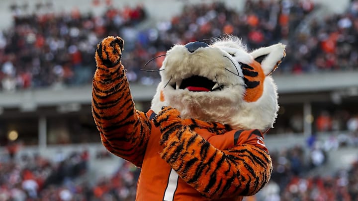 Dec 4, 2022; Cincinnati, Ohio, USA; The Cincinnati Bengals mascot cheers during the first half against the Kansas City Chiefs at Paycor Stadium. Mandatory Credit: Katie Stratman-Imagn Images
