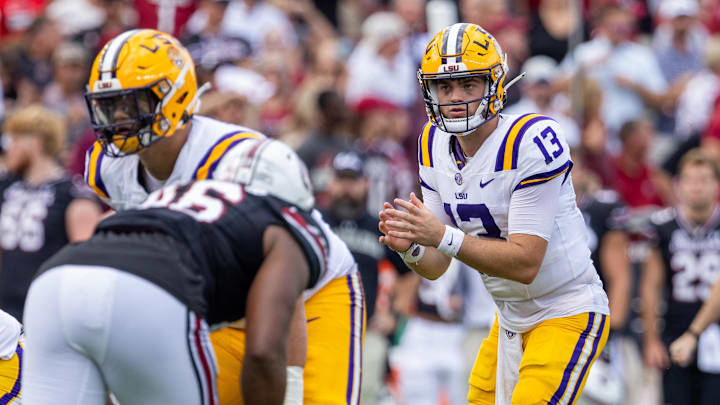 Sep 14, 2024; Columbia, South Carolina, USA; LSU Tigers quarterback Garrett Nussmeier (13) waits for the snap against the South Carolina Gamecocks during the second quarter at Williams-Brice Stadium. Mandatory Credit: Scott Kinser-Imagn Images