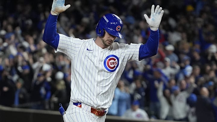 Oct 9, 2025; Chicago, Illinois, USA; Chicago Cubs right fielder Kyle Tucker (30) reacts after hitting a home run against the Milwaukee Brewers during the seventh inning for game four of the NLDS round for the 2025 MLB playoffs at Wrigley Field.
