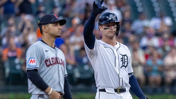 Jul 29, 2024; Detroit, Michigan, USA; Detroit Tigers catcher Dillion Dingler (38) gets his first MLB hit, a double in the in the seventh inning off of Cleveland Guardians starting pitcher Tanner Bibee (28) (not pictured) at Comerica Park. Mandatory Credit: David Reginek-Imagn Images