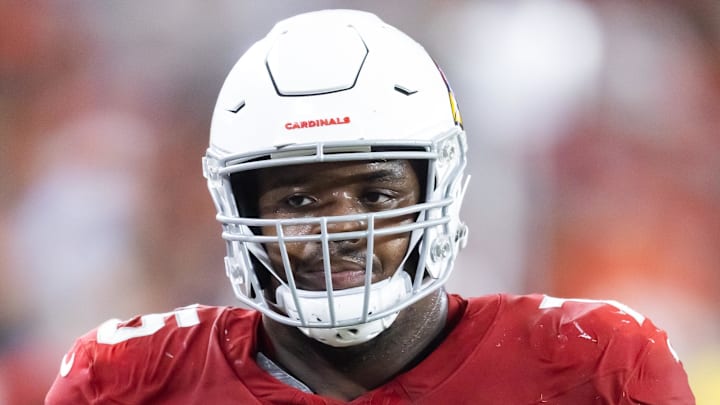 Aug 9, 2025; Glendale, Arizona, USA; Arizona Cardinals offensive tackle Christian Jones (75) against the Kansas City Chiefs during a preseason NFL game at State Farm Stadium. Mandatory Credit: Mark J. Rebilas-Imagn Images