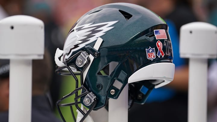 Sep 14, 2025; Kansas City, Missouri, USA; A general view of a Philadelphia Eagles helmet against the Kansas City Chiefs during the game at GEHA Field at Arrowhead Stadium. Mandatory Credit: Denny Medley-Imagn Images