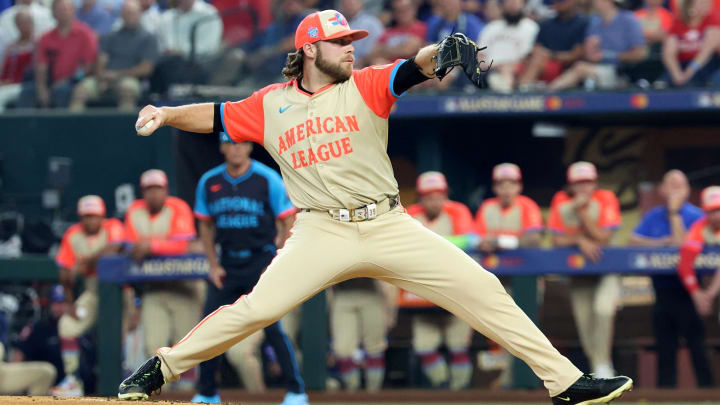 Jul 16, 2024; Arlington, Texas, USA; American League pitcher Corbin Burnes of the Baltimore Orioles pitches in the All-Star Game.