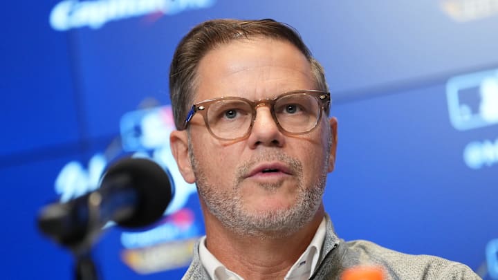 Oct 24, 2025; Toronto, Ontario, CAN; Toronto Blue Jays executive vice president and general manager Ross Atkins speaks to the media before game one of the 2025 MLB World Series against the Los Angeles Dodgers at Rogers Centre. 