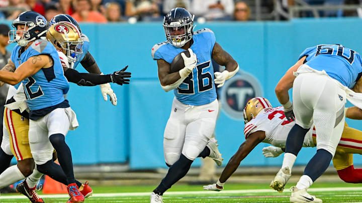 Aug 10, 2024; Nashville, Tennessee, USA;  Tennessee Titans running back Julius Chestnut (36) runs the ball against the San Francisco 49ers during the first half at Nissan Stadium.