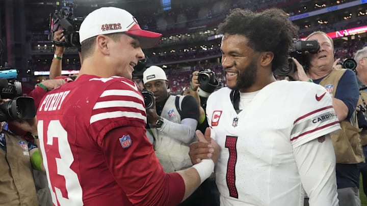 Dec 17, 2023; Glendale, Ariz, United States; Arizona Cardinals quarterback Kyler Murray (1) congratulates San Francisco 49ers quarterback Brock Purdy (13) after losing 45-22 at State Farm Stadium.
