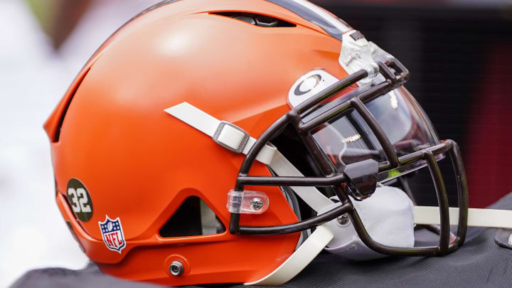 Aug 26, 2023; Kansas City, Missouri, USA; A general view of a Cleveland Browns helmet during the second half against the Kansas City Chiefs at GEHA Field at Arrowhead Stadium.