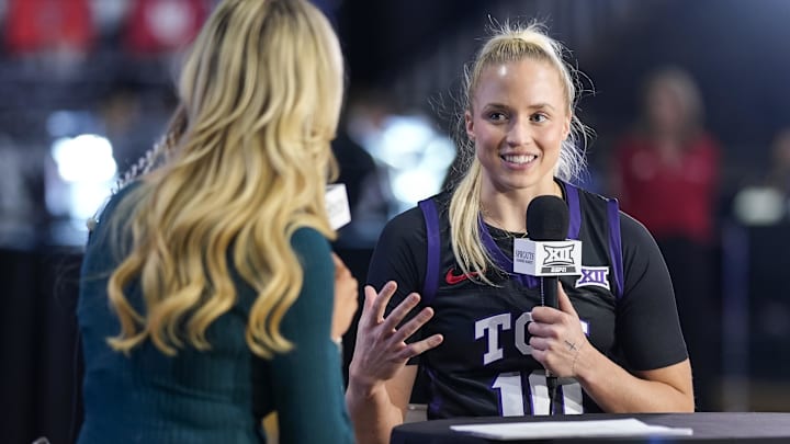 TCU Horned Frogs guard Hailey Van Lith talks with reporter Hannah Wing during the Big 12 Women’s Basketball Media Day.