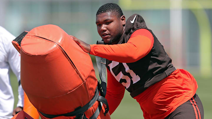 Browns defensive tackle Mike Hall Jr. participates in drills during minicamp, Thursday, June 13, 2024, in Berea.