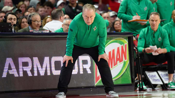 Feb 26, 2025; College Park, Maryland, USA; Michigan State Spartans head coach Tom Izzo looks on during the second half against the Maryland Terrapins at Xfinity Center. Mandatory Credit: Reggie Hildred-Imagn Images