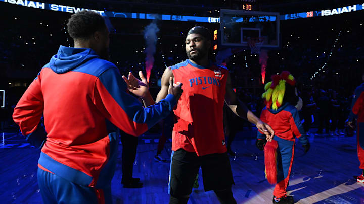 Apr 5, 2025; Detroit, Michigan, USA: Detroit Pistons center Isaiah Stewart (right) and guard Malik Beasley do a special handshake during player introductions before their game against the Memphis Grizzlies at Little Caesars Arena. Mandatory Credit: Lon Horwedel-Imagn Images Apr 5, 2025; Detroit, Michigan, USA: Detroit Pistons center Isaiah Stewart (right) and guard Malik Beasley do a special handshake during player introductions before their game against the Memphis Grizzlies at Little Caesars Arena. Mandatory Credit: Lon Horwedel-Imagn Images