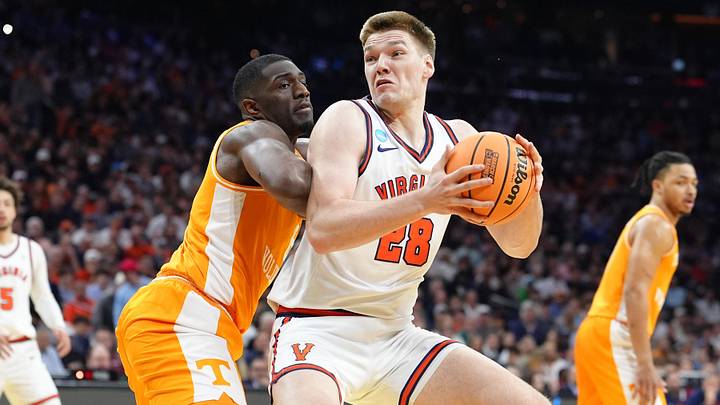 Mar 22, 2026; Philadelphia, PA, USA; Virginia Cavaliers forward Thijs de Ridder (28) attempts to shoot the ball against the Tennessee Volunteers in the first half during a second round game of the men's 2026 NCAA Tournament at Xfinity Mobile Arena. Mandatory Credit: Kyle Ross-Imagn Images