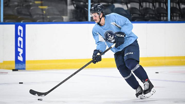 Milwaukee Admirals center Brady Martin (28) skates with the puck at practice Thursday, October 1, 2026, at the UWM Panther Arena in Milwaukee, Wisconsin. Milwaukee Admirals center Brady Martin (28) skates with the puck at practice Thursday, October 1, 2026, at the UWM Panther Arena in Milwaukee, Wisconsin.