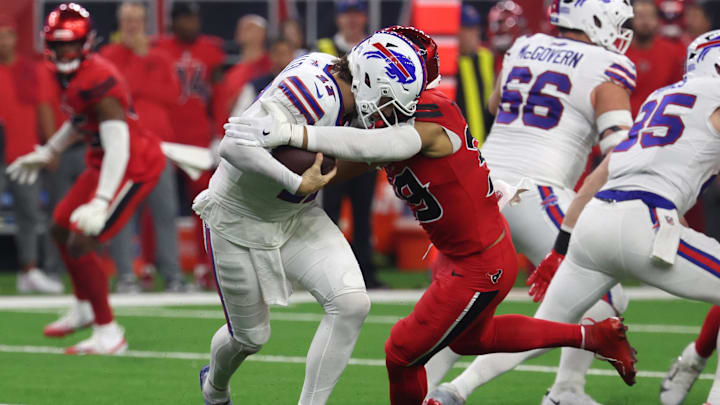 Nov 20, 2025; Houston, Texas, USA; Houston Texans linebacker Henry To'oTo'o (39) sacks Buffalo Bills quarterback Josh Allen (17) in the second half at NRG Stadium.