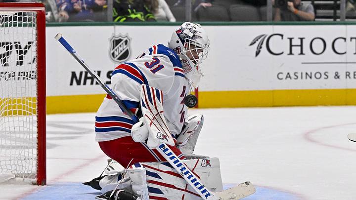 Apr 11, 2026; Dallas, Texas, USA; New York Rangers goaltender Igor Shesterkin (31) stops a breakaway shot by Dallas Stars center Matt Duchene (95) during the second period at the American Airlines Center. Apr 11, 2026; Dallas, Texas, USA; New York Rangers goaltender Igor Shesterkin (31) stops a breakaway shot by Dallas Stars center Matt Duchene (95) during the second period at the American Airlines Center.