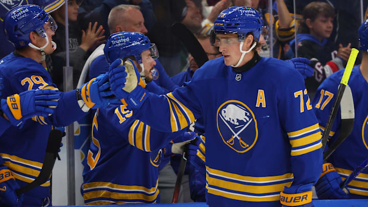 Oct 13, 2025; Buffalo, New York, USA; Buffalo Sabres center Tage Thompson (72) celebrates his goal with teammates during the first period against the Colorado Avalanche at KeyBank Center. Mandatory Credit: Timothy T. Ludwig-Imagn Images Oct 13, 2025; Buffalo, New York, USA; Buffalo Sabres center Tage Thompson (72) celebrates his goal with teammates during the first period against the Colorado Avalanche at KeyBank Center. Mandatory Credit: Timothy T. Ludwig-Imagn Images