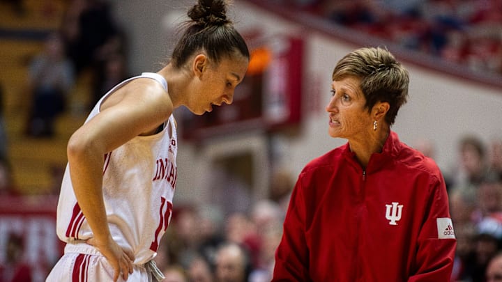 Indiana Head Coach Teri Moren talks with Valentyna Kadlecova (15) during the Indiana versus Oakland women's basketball game at Simon Skjodt Assembly Hall on Sunday, Dec. 22, 2024.