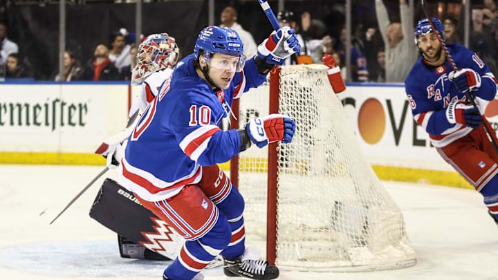 Apr 21, 2024; New York, New York, USA; New York Rangers left wing Artemi Panarin (10) celebrates