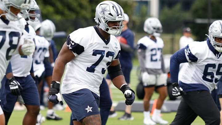 Dallas Cowboys guard Tyler Smith goes through a drill during practice at the Ford Center at the Star Training Facility.