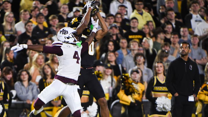 Nov 15, 2025; Columbia, Missouri, USA; Missouri wide receiver Joshua Manning (0) catches a pass which was out of bounds in the first half.