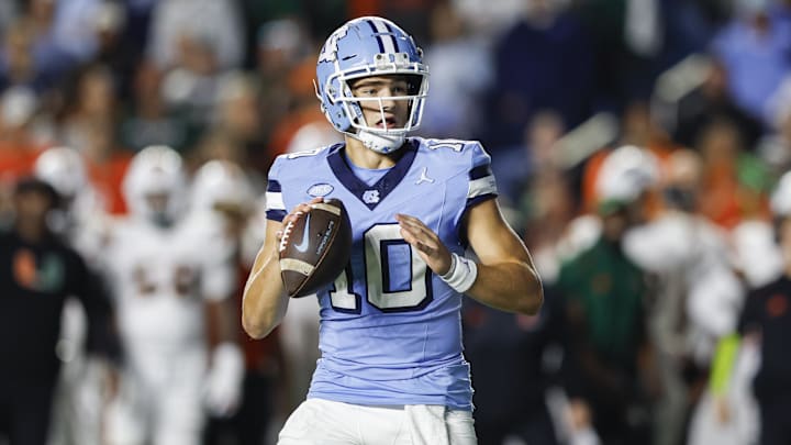 Oct 14, 2023; Chapel Hill, North Carolina, USA; North Carolina Tar Heels quarterback Drake Maye (10)